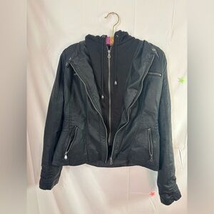 Women’s Black Faux Leather Moto Jacket with Removable hoodie Size L